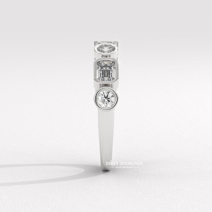 Round & Emerald Lab Created Diamond Bezel Set Wedding Band