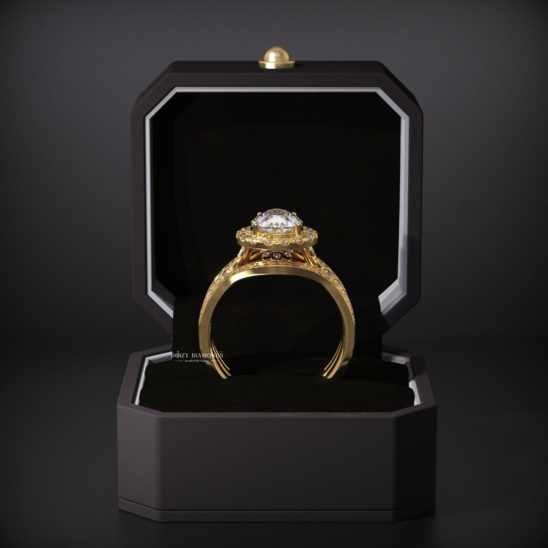 Pear Halo Lab Grown Engagement Ring - Double Wedding Band - Tripple Ring