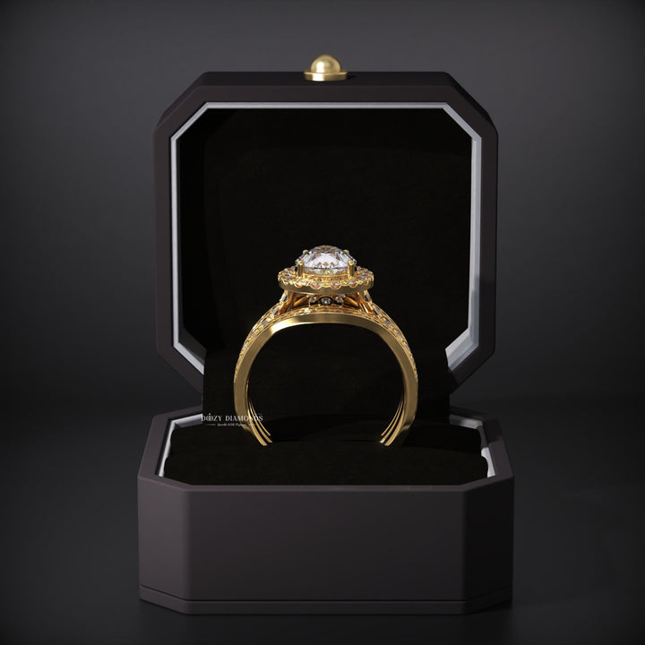 Pear Halo Lab Grown Engagement Ring - Double Wedding Band - Tripple Ring