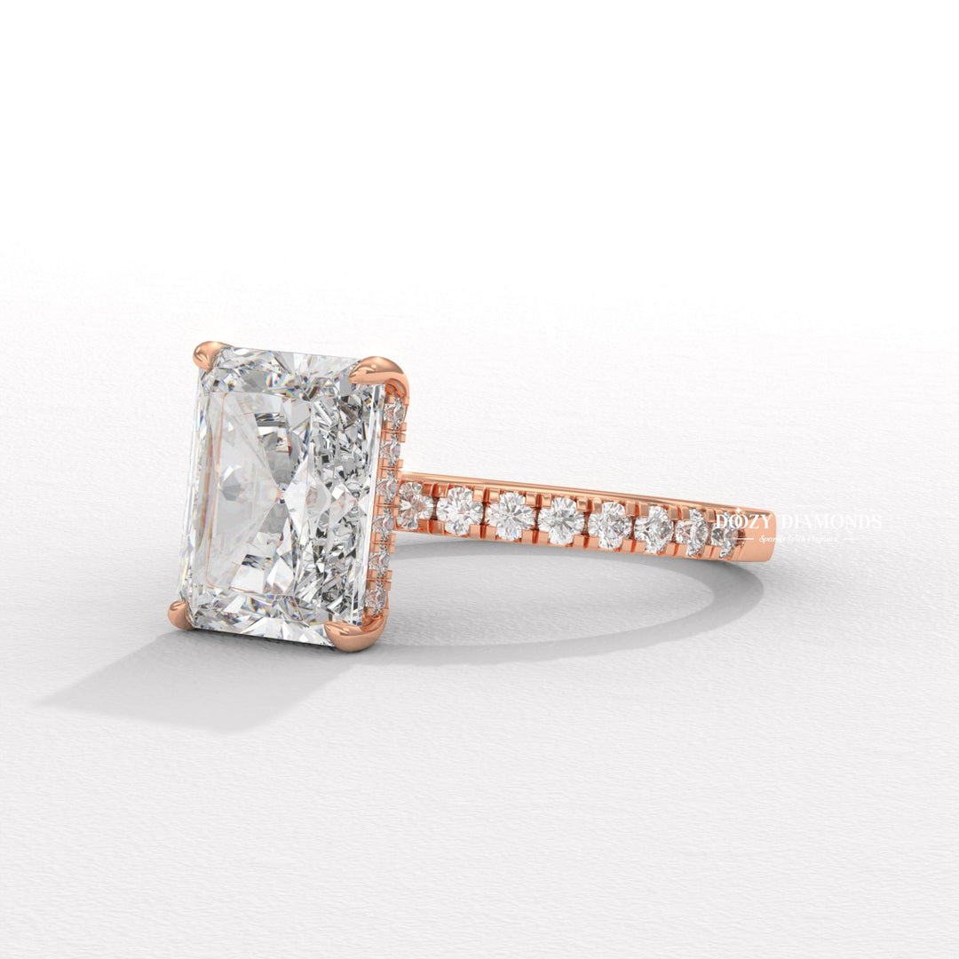 Hidden Halo Engagement Ring, Radiant Cut Lab Grown Diamond Ring