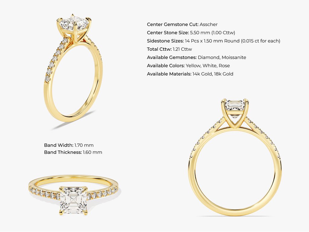 Asscher pave engagement ring photographed in natural light