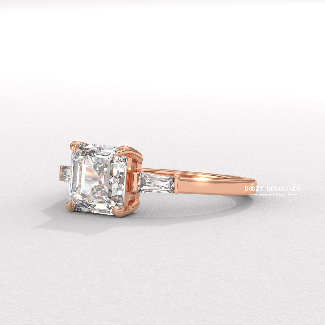asscher pave ring, asscher cathedral ring, asscher solitaire engagement ring, asscher bezel ring