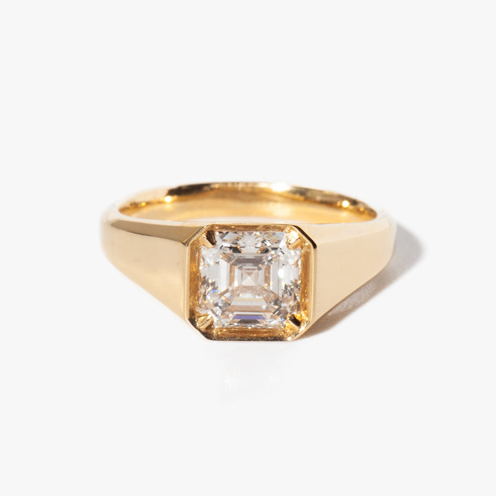 asscher signet ring, diamond signet engagement ring, asscher proposal ring, luxury asscher ring, engagement ring for her, bridal jewelry, wedding jewelry, luxury jewelry gift, modern romance ring,