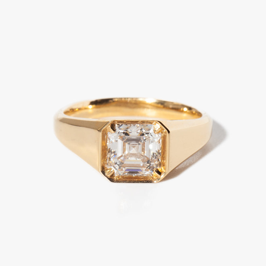 asscher signet ring, diamond signet engagement ring, asscher proposal ring, luxury asscher ring, engagement ring for her, bridal jewelry, wedding jewelry, luxury jewelry gift, modern romance ring,