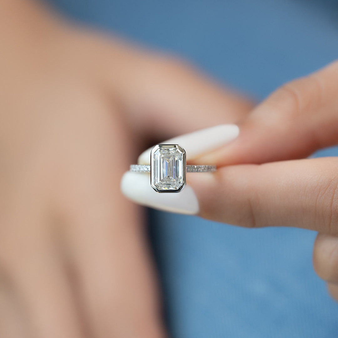 150 - 3.50 CT Emerald Lab Grown Diamond Bezel Soliaire Engagement Ring - Doozy Diamonds
