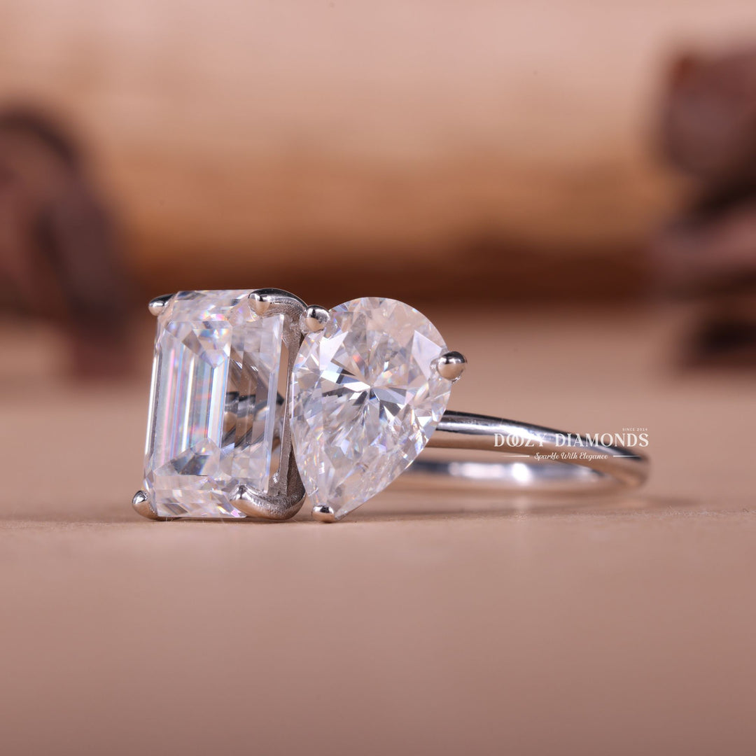 Pear & Emerald Cut Lab Grown E/VS1 Two Stone Diamond Engagement Ring - Doozy Diamonds