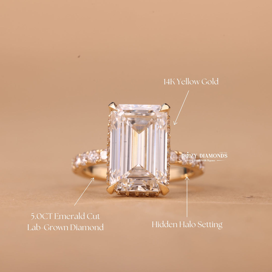 4.0CT - 6.0CT Emerald Cut F/VS1 Lab Grown Diamond Hidden Halo Engagement Ring - Doozy Diamonds