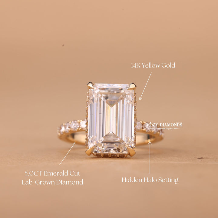 4.0CT - 6.0CT Emerald Cut F/VS1 Lab Grown Diamond Hidden Halo Engagement Ring - Doozy Diamonds