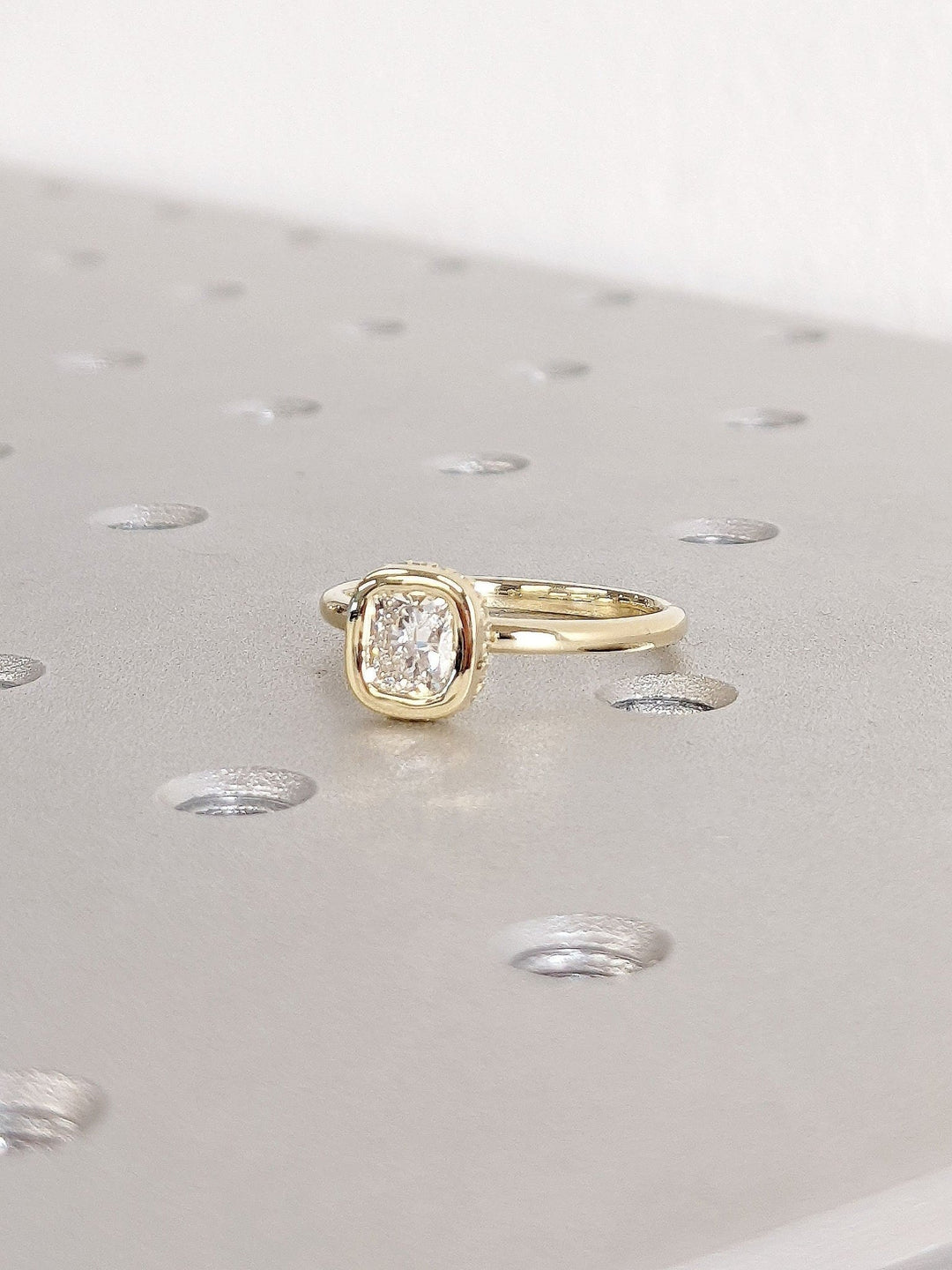 0.50CT Cushion Cut Bezel Set Hidden Halo Lab Grown Diamond Engagement Ring