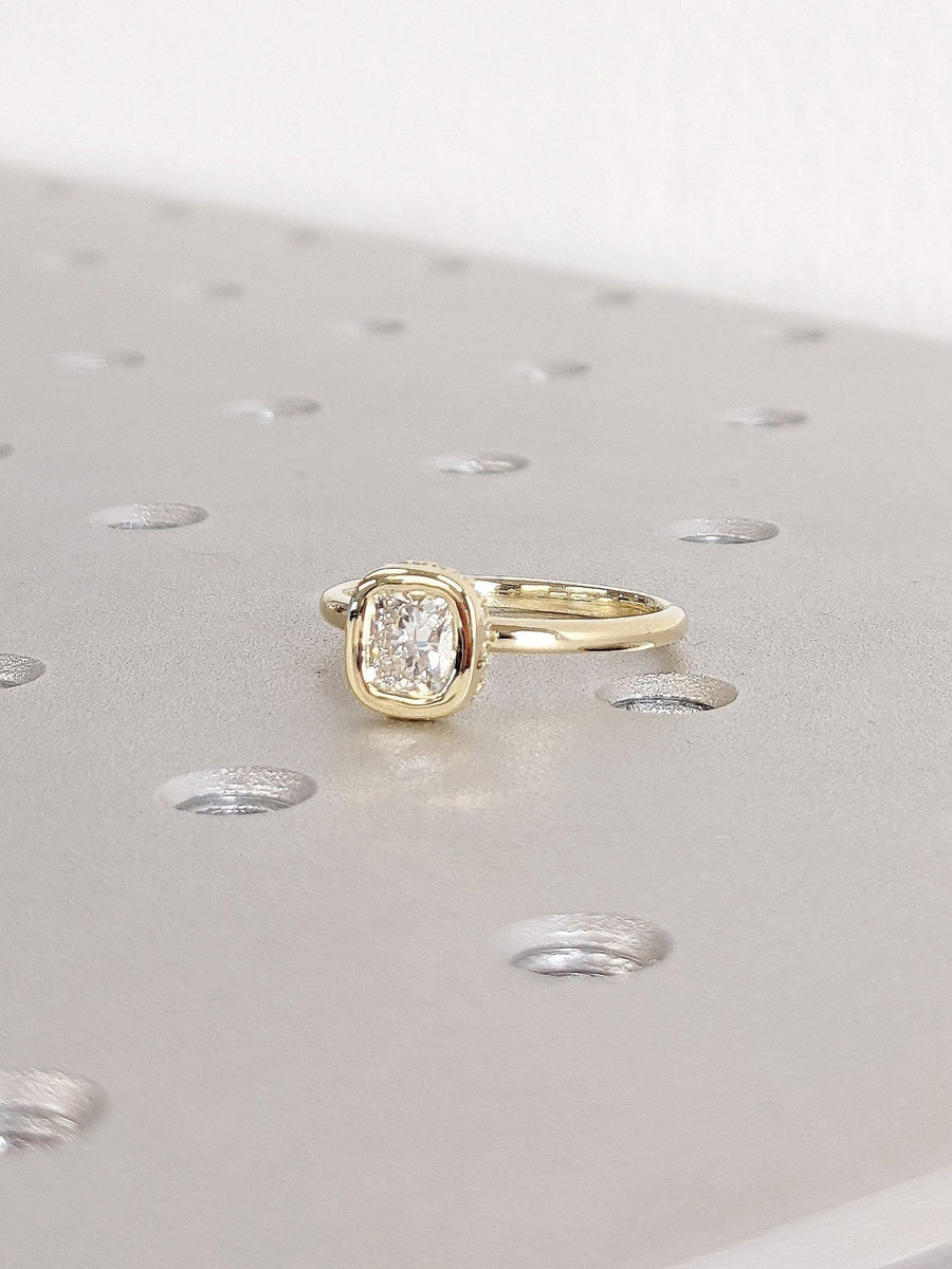 0.50CT Cushion Cut Bezel Set Hidden Halo Lab Grown Diamond Engagement Ring