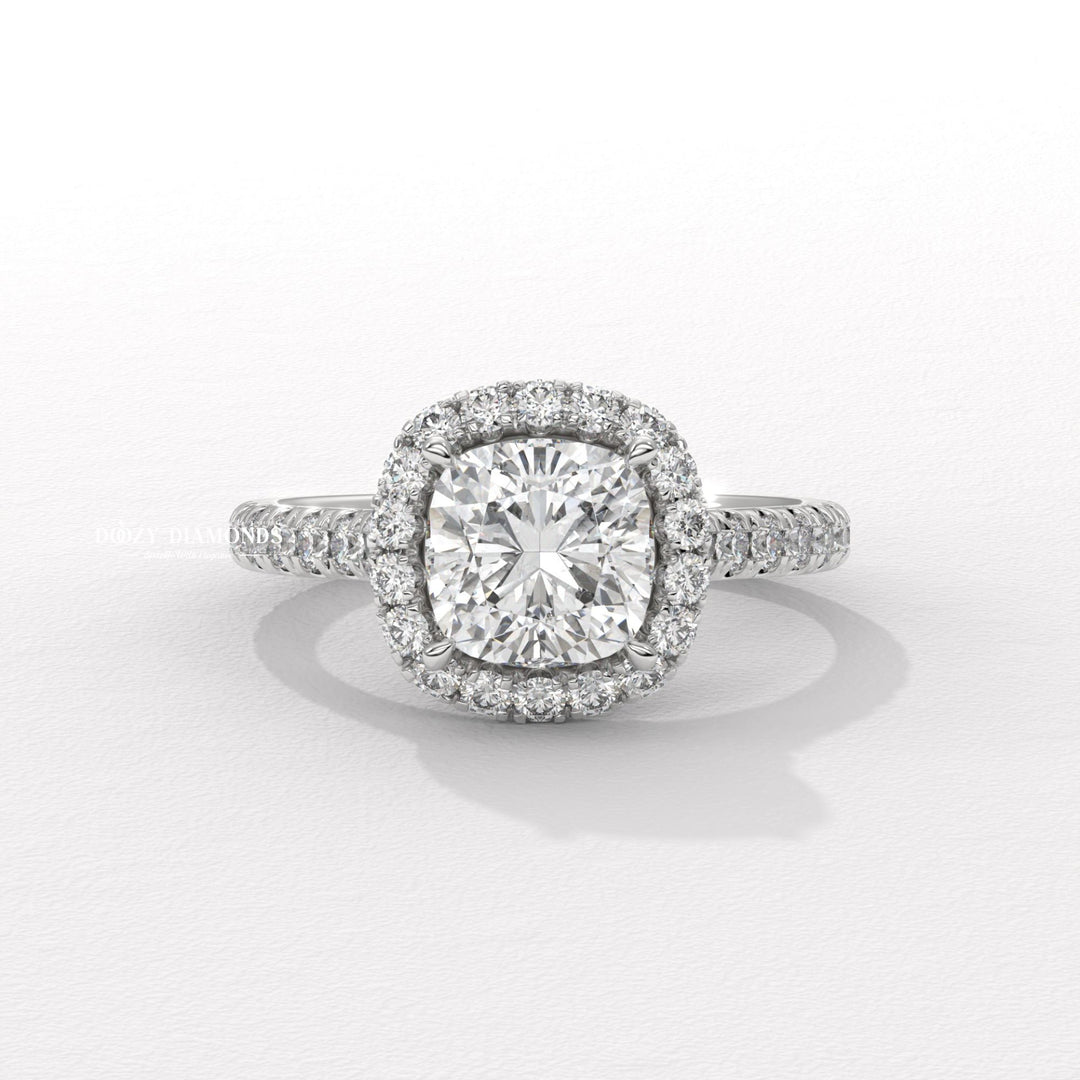 elegant bridal jewelry, diamond ring for women, luxury wedding ring, sparkling halo ring, classic halo engagement ring, cushion lab diamond ring, cushion diamond bridal ring, pave band engagement ring, luxury halo diamond ring, diamond proposal ring,