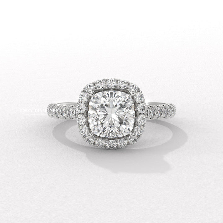 elegant bridal jewelry, diamond ring for women, luxury wedding ring, sparkling halo ring, classic halo engagement ring, cushion lab diamond ring, cushion diamond bridal ring, pave band engagement ring, luxury halo diamond ring, diamond proposal ring,