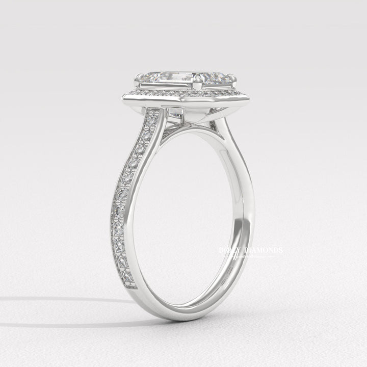 sustainable bridal ring, ethical lab diamond ring, emerald cut lab diamond ring, halo wedding ring, fine jewelry engagement ring, dazzling halo ring, solitaire halo engagement ring,