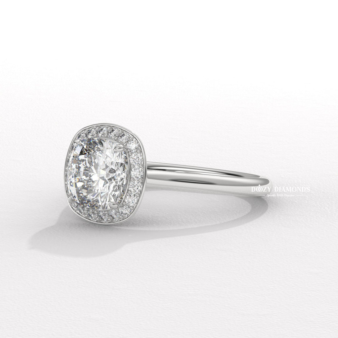 diamond ring gift for her, classic bridal ring, sparkling bridal jewelry, women's engagement jewelry, premium bridal ring, luxury engagement jewelry, timeless bridal jewelry, cushion halo setting,