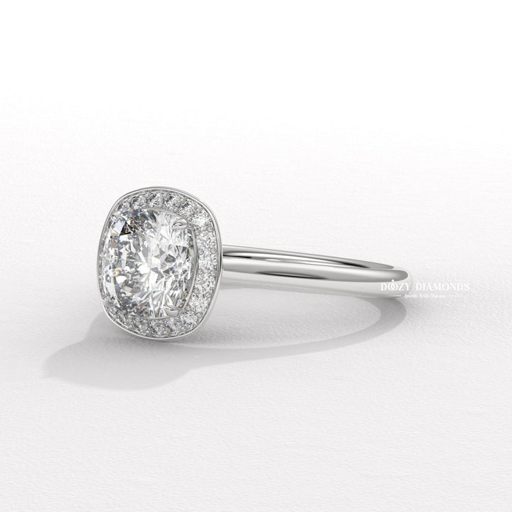 diamond ring gift for her, classic bridal ring, sparkling bridal jewelry, women's engagement jewelry, premium bridal ring, luxury engagement jewelry, timeless bridal jewelry, cushion halo setting,