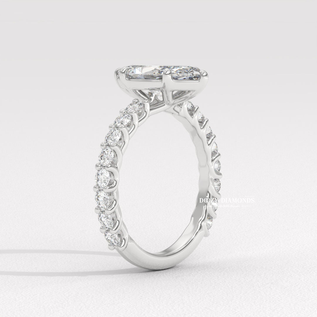 classic engagement ring, modern engagement ring, romantic proposal ring, marquise center stone ring, elongated bridal ring, luxury bridal jewelry, handcrafted engagement ring,
