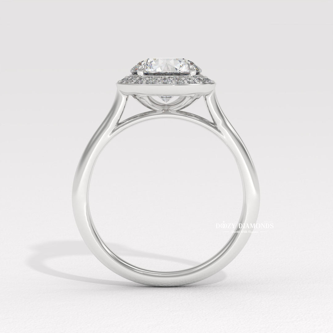, luxury halo diamond ring, diamond proposal ring, sustainable bridal ring, ethical lab diamond ring, round cut lab diamond ring, halo wedding ring, fine jewelry engagement ring, dazzling halo ring,