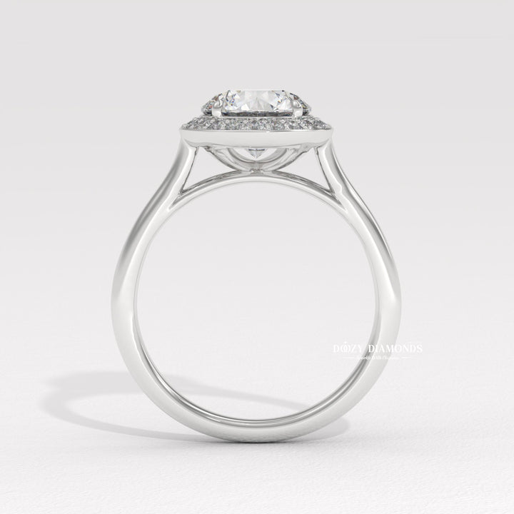 , luxury halo diamond ring, diamond proposal ring, sustainable bridal ring, ethical lab diamond ring, round cut lab diamond ring, halo wedding ring, fine jewelry engagement ring, dazzling halo ring,