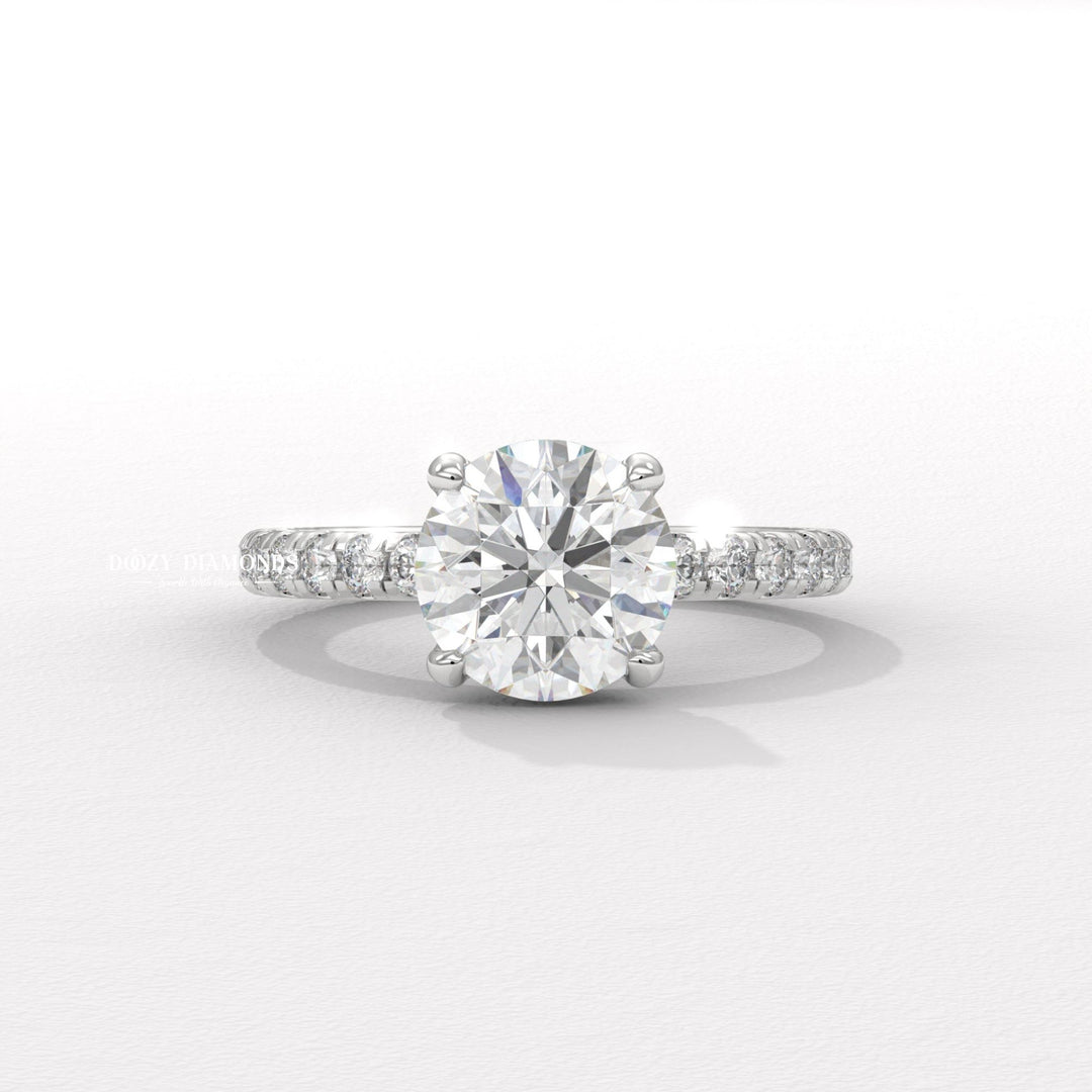 basket setting ring, tulip setting ring, vintage engagement ring, vintage style ring, modern solitaire ring, classic solitaire ring, round diamond solitaire, solitaire engagement ring, micro pave diamond ring, french pave ring, shared prong pave ring, split shank engage