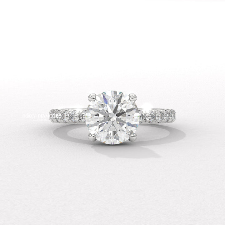 basket setting ring, tulip setting ring, vintage engagement ring, vintage style ring, modern solitaire ring, classic solitaire ring, round diamond solitaire, solitaire engagement ring, micro pave diamond ring, french pave ring, shared prong pave ring, split shank engage