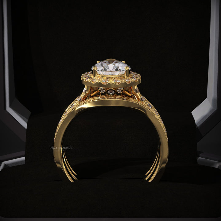 Pear Halo Lab Grown Engagement Ring - Double Wedding Band - Tripple Ring