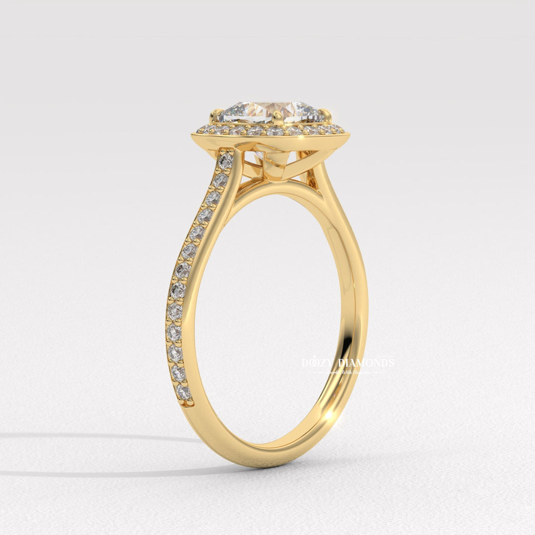 cushion solitaire halo ring, sustainable diamond ring, ethical engagement ring, luxury engagement ring, diamond halo ring, bridal engagement ring, women's diamond ring, cushion cut bridal ring,