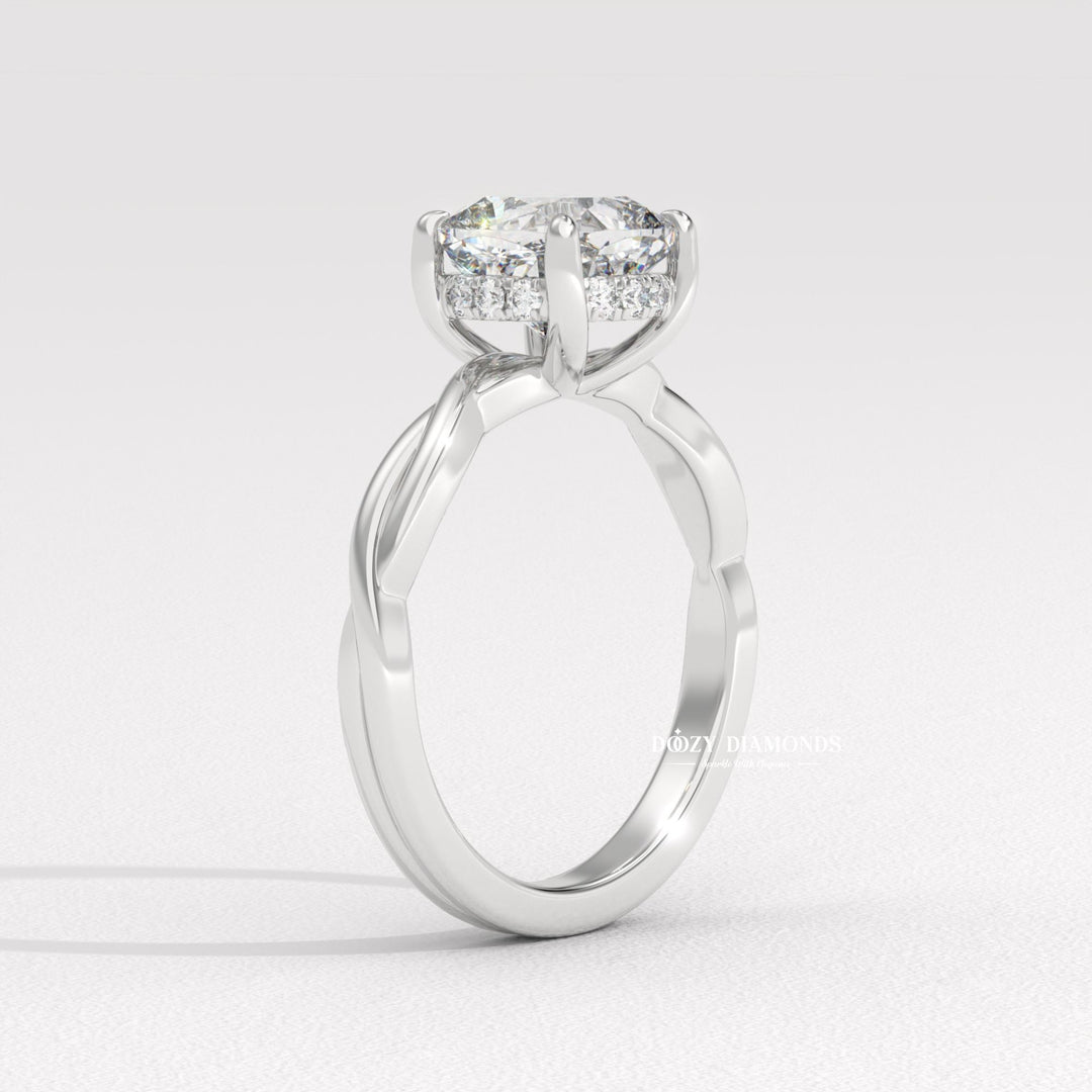 vintage style ring, modern romantic ring, classic cushion ring, cushion diamond solitaire, solitaire engagement ring, micro pave diamond ring, french pave ring, shared prong pave ring, split shank engagement ring, twisted vine ring, infinity engagement ring, crossover diamond ring,