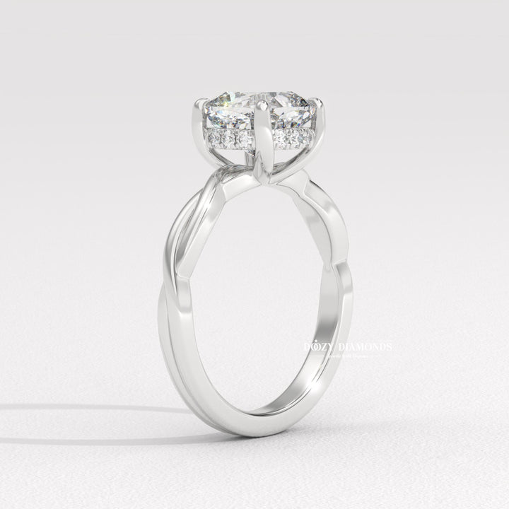 vintage style ring, modern romantic ring, classic cushion ring, cushion diamond solitaire, solitaire engagement ring, micro pave diamond ring, french pave ring, shared prong pave ring, split shank engagement ring, twisted vine ring, infinity engagement ring, crossover diamond ring,