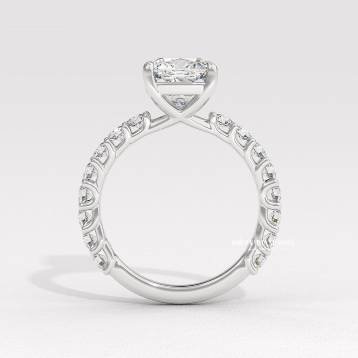 cushion diamond solitaire, solitaire engagement ring, micro pave diamond ring, french pave ring