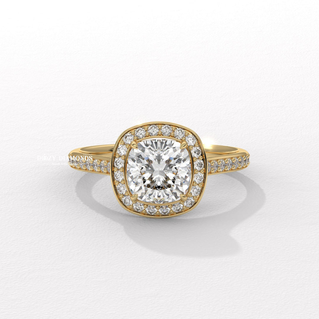 cushion diamond engagement ring, IGI certified diamond ring, F VS lab grown diamond ring, cushion halo engagement ring, lab grown diamond engagement ring, cushion cut diamond ring,