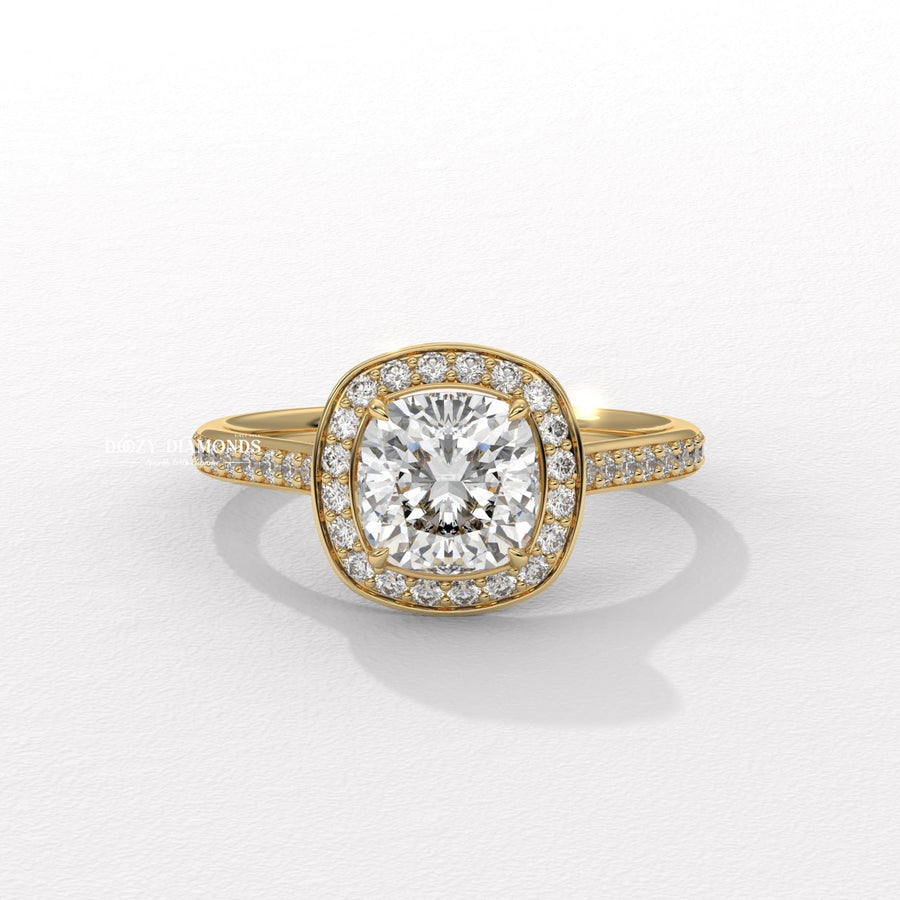 cushion diamond engagement ring, IGI certified diamond ring, F VS lab grown diamond ring, cushion halo engagement ring, lab grown diamond engagement ring, cushion cut diamond ring,