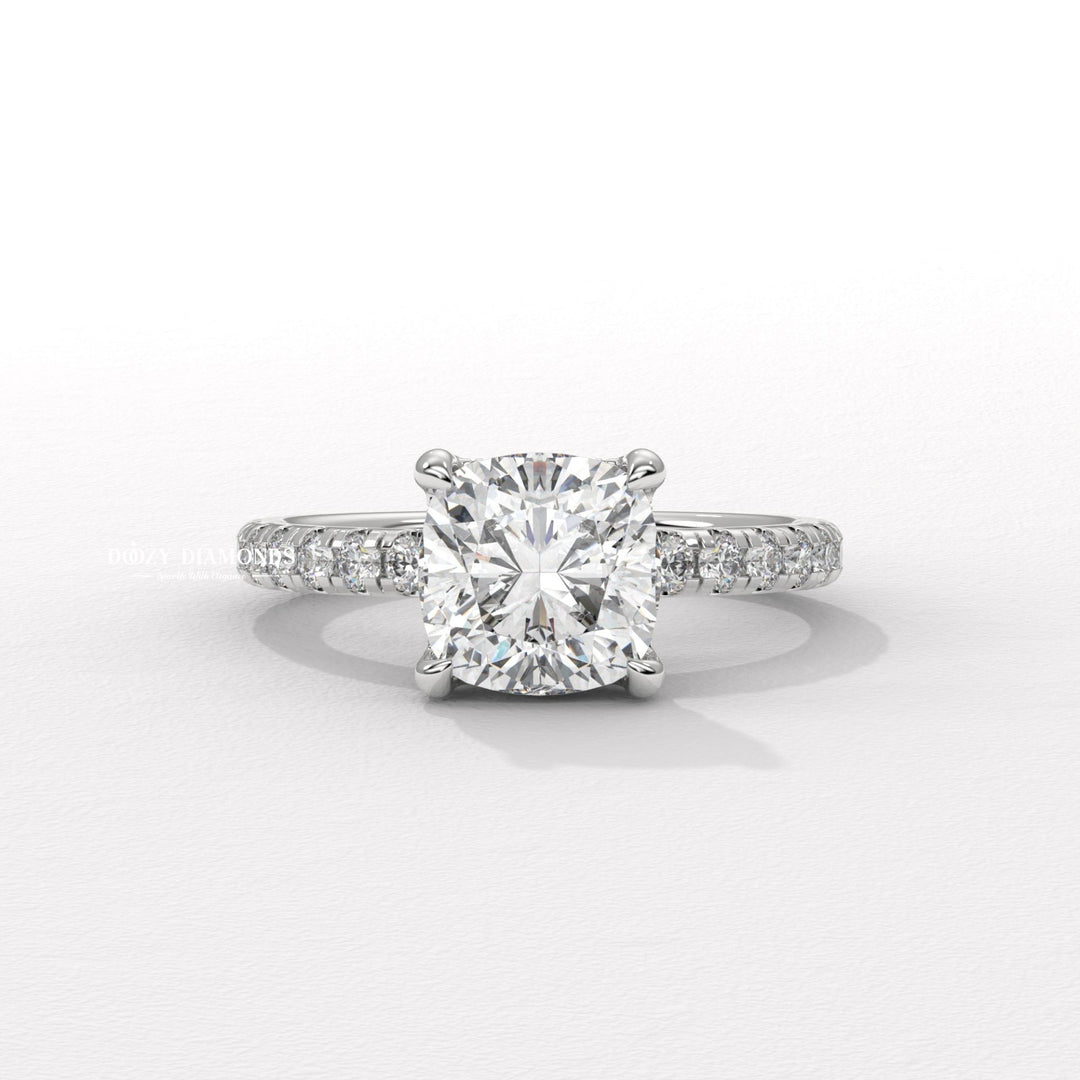 cushion halo ring, cushion hidden halo ring, cushion pave ring, cushion cathedral ring, cushion solitaire engagement ring, cushion bezel ring, cushion prong set ring, four prong engagement ring,