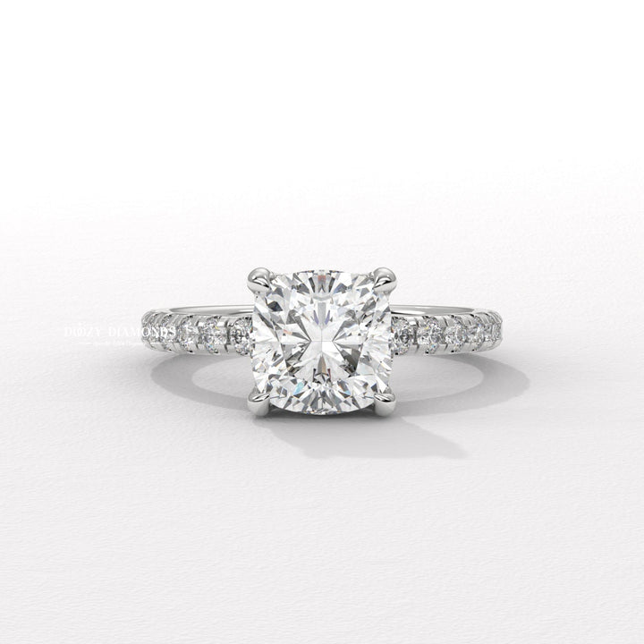 cushion halo ring, cushion hidden halo ring, cushion pave ring, cushion cathedral ring, cushion solitaire engagement ring, cushion bezel ring, cushion prong set ring, four prong engagement ring,