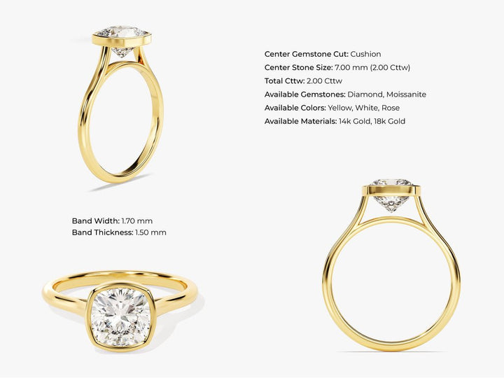 Detailed close-up of cushion bezel diamond engagement ring