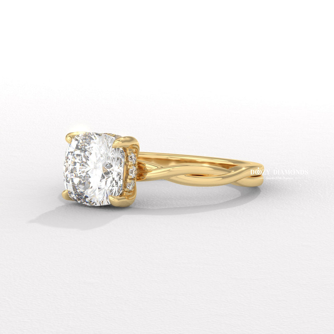 cushion cathedral ring, cushion solitaire engagement ring, cushion bezel ring, cushion prong set ring, floral diamond ring, flower engagement ring, nature wedding ring, garden inspired ring,
