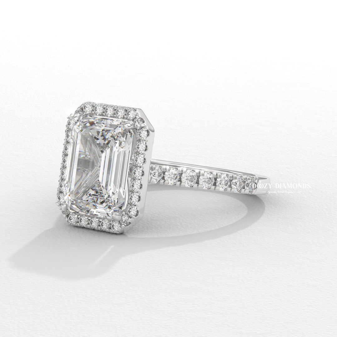 Emerald cut diamond
Emerald cut halo setting
Emerald cut pave setting
Emerald halo pave ring
Rectangular diamond ring