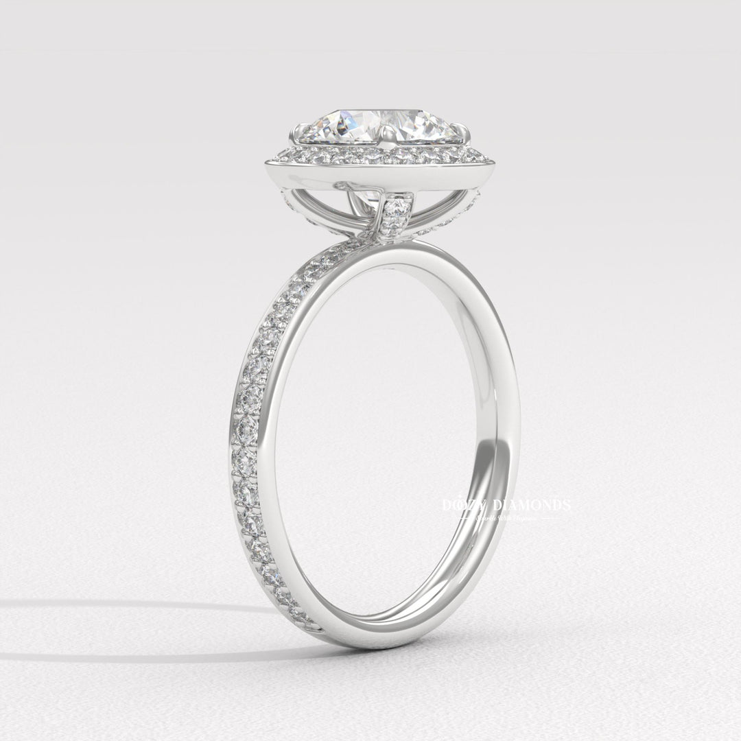 diamond halo bridal set, elegant diamond ring, bridal diamond ring, round center diamond ring, engagement ring with halo, round solitaire engagement ring, luxury diamond jewelry,