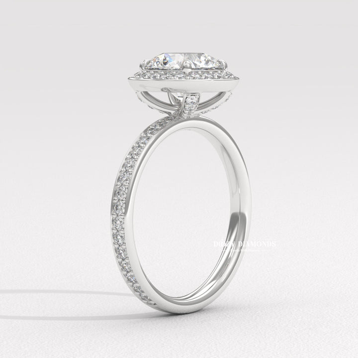 diamond halo bridal set, elegant diamond ring, bridal diamond ring, round center diamond ring, engagement ring with halo, round solitaire engagement ring, luxury diamond jewelry,