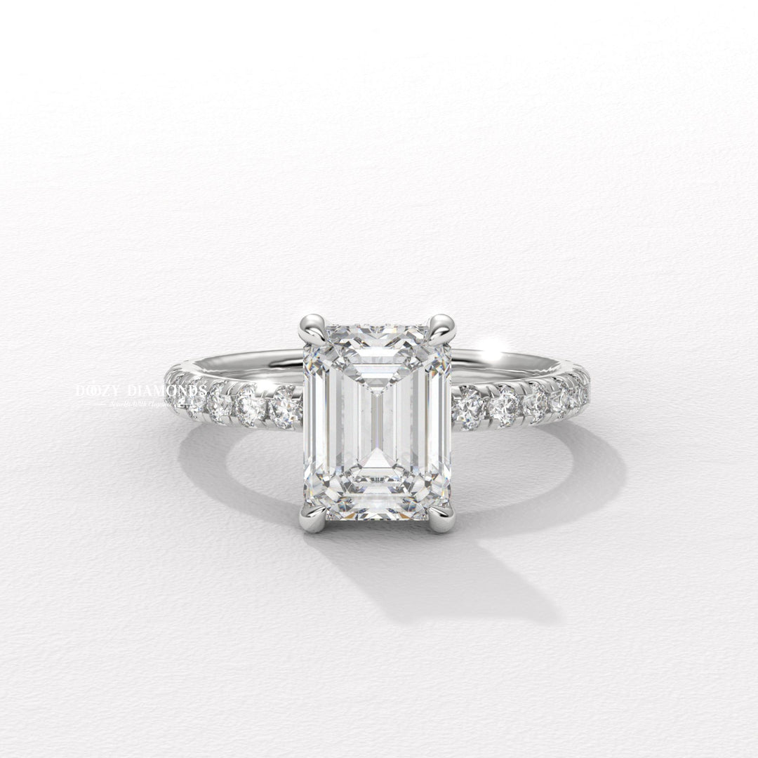 luxury ring for women, wedding proposal ring, premium bridal jewelry, timeless bridal jewelry, elegant bridal jewelry, emerald halo ring, emerald pave ring, emerald cathedral ring,