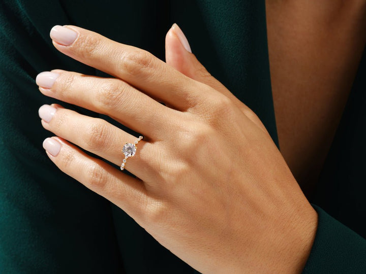 Round pave lab grown diamond ring side profile in gold setting