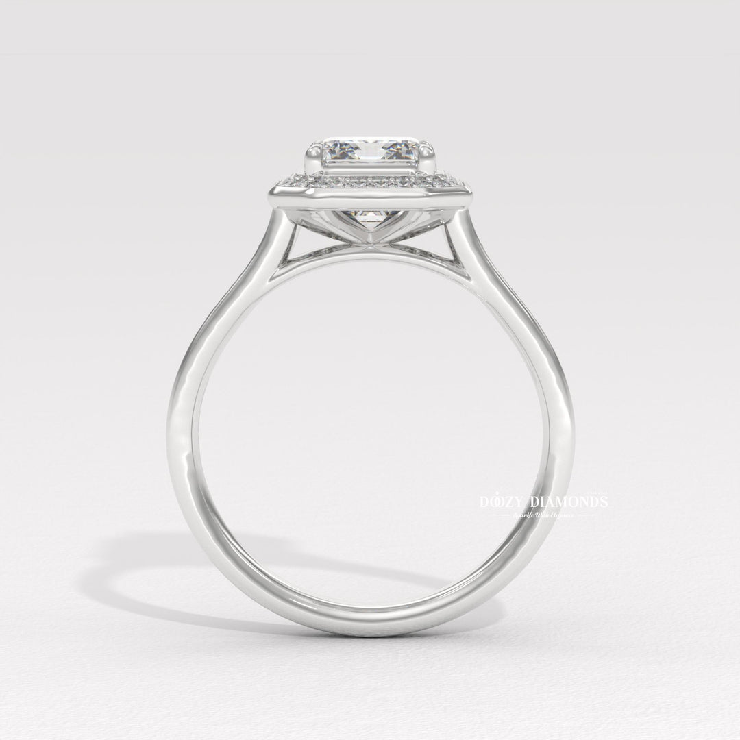 bridal diamond ring, emerald center diamond ring, engagement ring with halo, emerald solitaire engagement ring, luxury diamond jewelry, eco friendly engagement ring, modern halo engagement ring