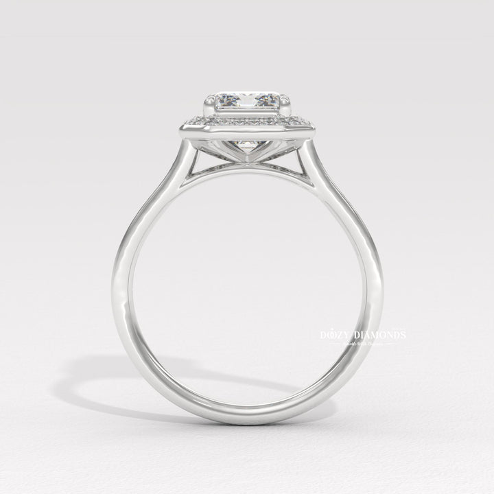 bridal diamond ring, emerald center diamond ring, engagement ring with halo, emerald solitaire engagement ring, luxury diamond jewelry, eco friendly engagement ring, modern halo engagement ring