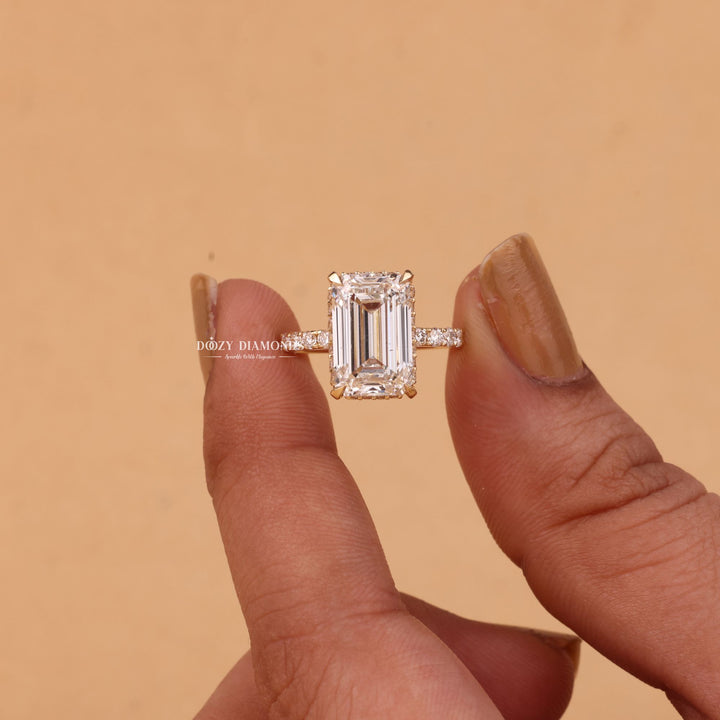 3.0CT - 4.0CT Emerald Cut E/VS2 Lab Grown Diamond Hidden Halo Engagement Ring - Doozy Diamonds