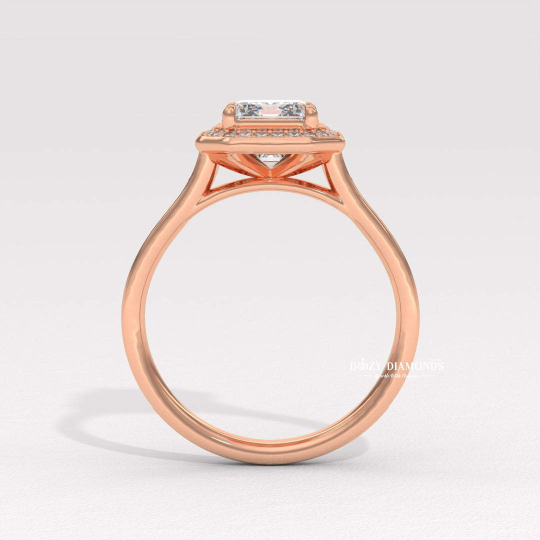 ethical lab diamond ring, emerald cut lab diamond ring, halo wedding ring, fine jewelry engagement ring, dazzling halo ring, solitaire halo engagement ring, diamond halo bridal set, elegant diamond ring, bridal diamond ring, emerald center diamond ring, engagement ring with