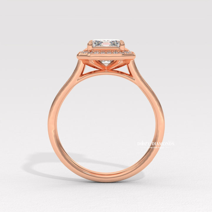 ethical lab diamond ring, emerald cut lab diamond ring, halo wedding ring, fine jewelry engagement ring, dazzling halo ring, solitaire halo engagement ring, diamond halo bridal set, elegant diamond ring, bridal diamond ring, emerald center diamond ring, engagement ring with