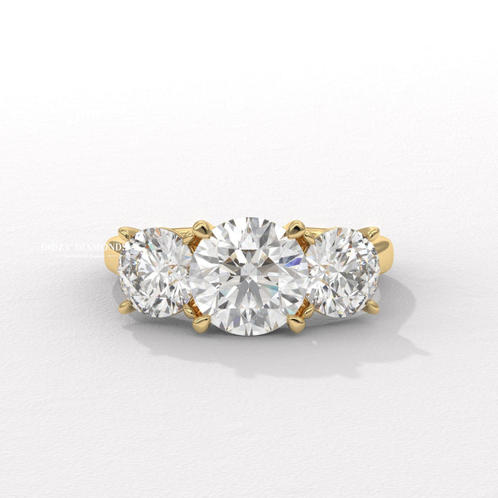 Round diamond with round side stones
Unique charm engagement ring
Three stone round diamond ring
Lab grown diamond three stone ring
