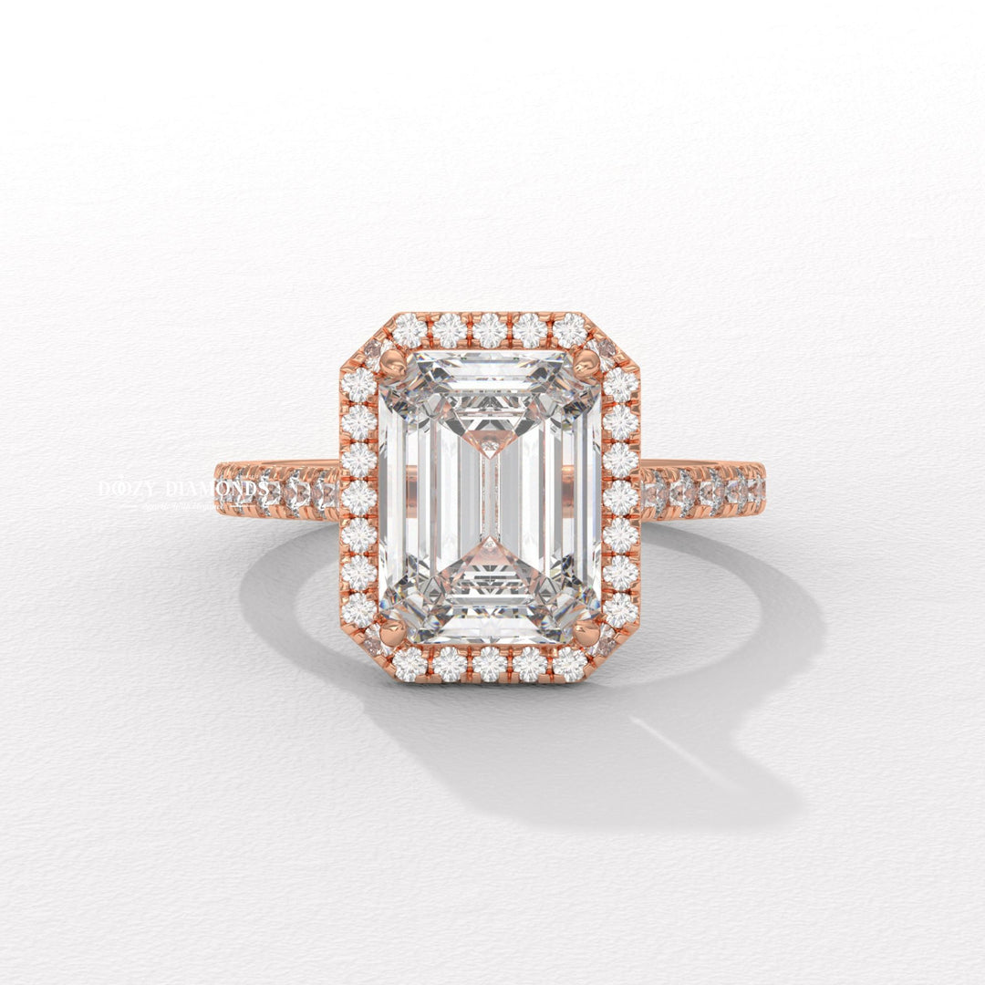 Emerald cut diamond
Emerald cut halo setting
Emerald cut pave setting
Emerald halo pave ring
Rectangular diamond ring
Step cut engagement ring