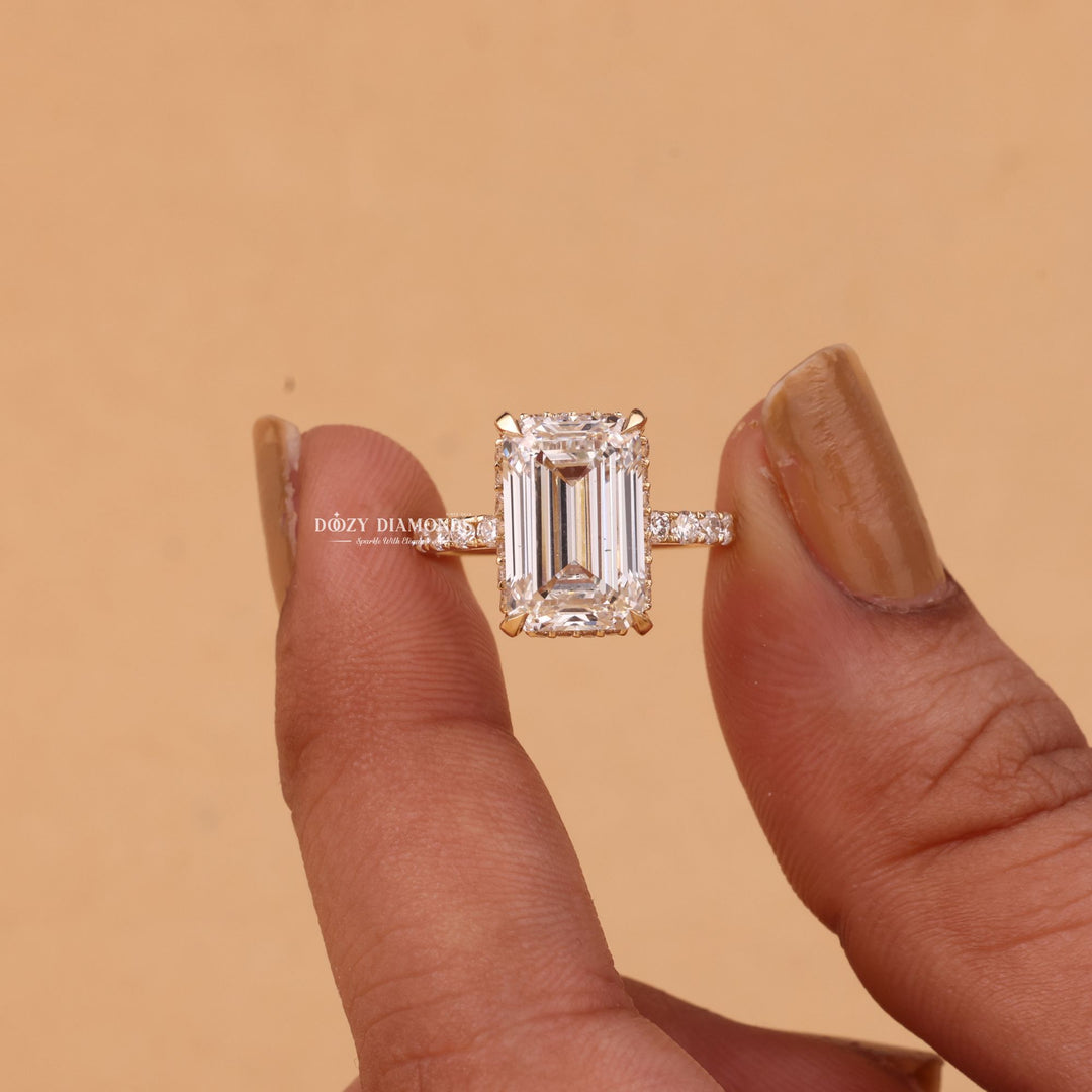 4.0CT - 6.0CT Emerald Cut F/VS1 Lab Grown Diamond Hidden Halo Engagement Ring - Doozy Diamonds