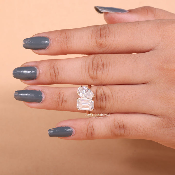 Pear & Emerald Cut Lab Grown Toi et Moi Diamond E/VS2 Engagement Ring - Doozy Diamonds