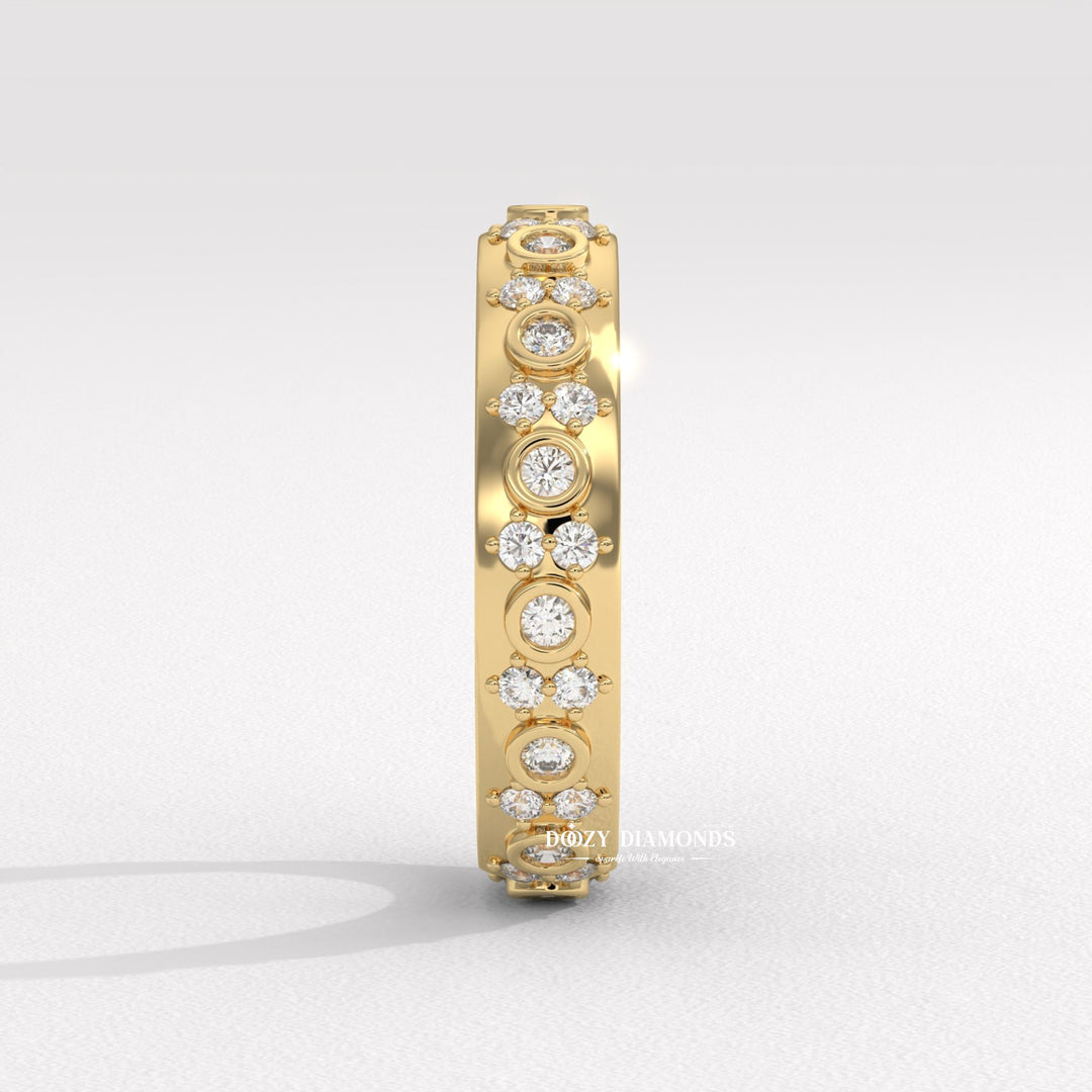 Bezel Set Round Diamond Band, Flush Set Wedding Band